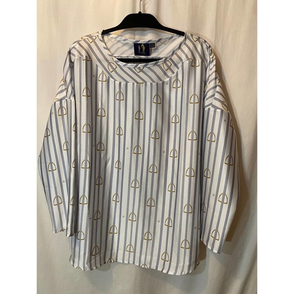 Ronner Porst Equestrian Blouse 16 3/4 Sleeve Blue Striped Gold Stirrups NEW - Picture 1 of 6